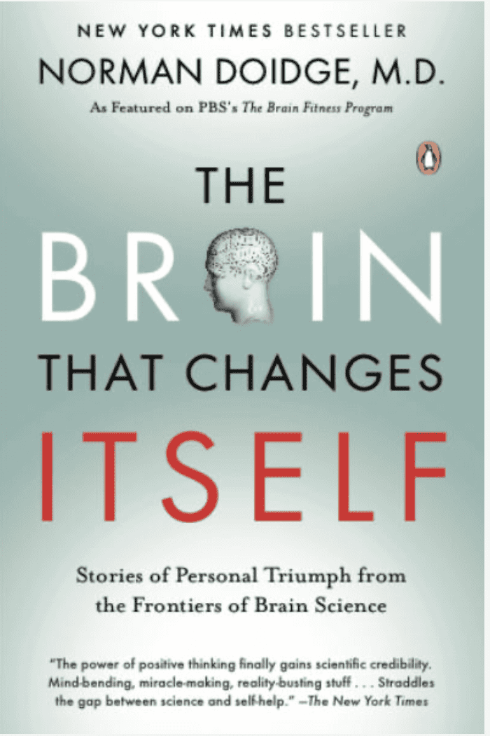 Book by Norman Doidge, Cover of the book has tones of white and light green. The words are The Brain That changes Itself with the letter 'a' in Brain being a human head with no hair. Instead, there is a brain. At the bottom are the words: Stories of Personal Triumph from the Foundation of Basic Science